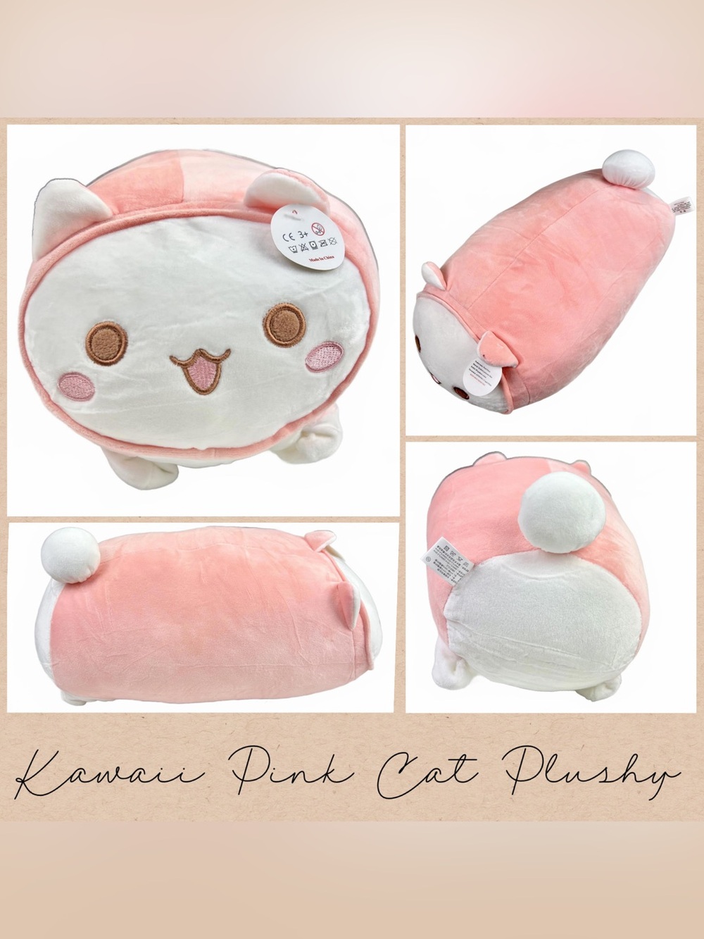 Pink & White Kawaii Plush Cat/Kitten Stuffed Animal NWT